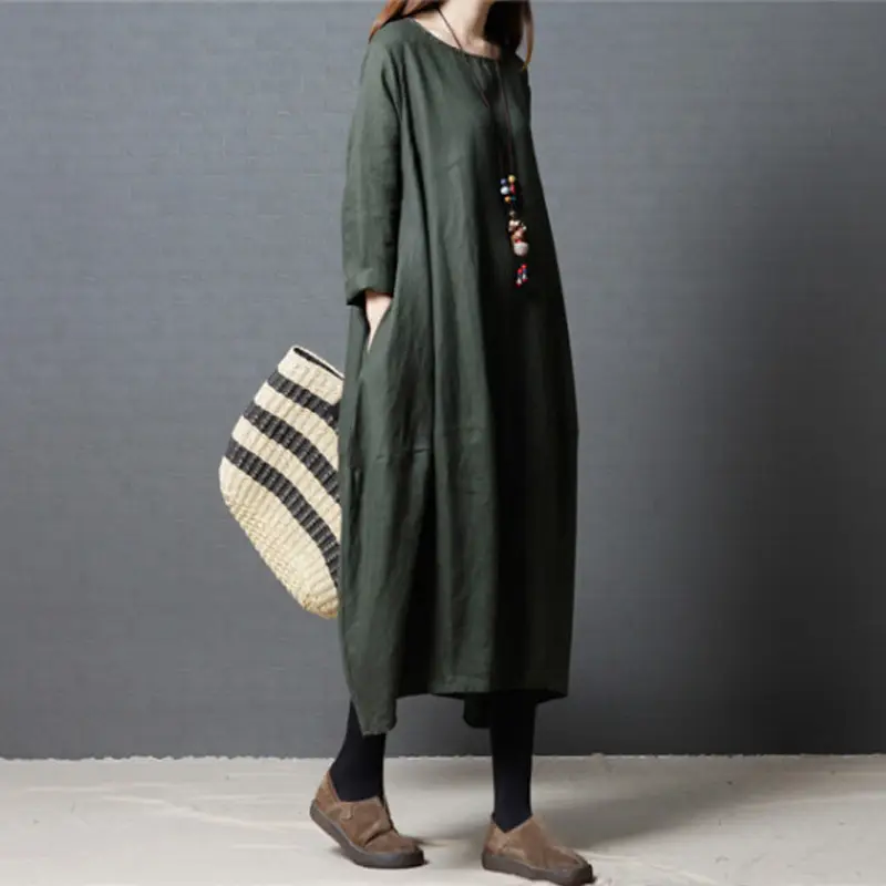 2026 Autumn Long Sleeve Cotton Linen Dress for Plus Size - Image 6