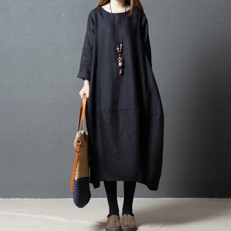 2026 Autumn Long Sleeve Cotton Linen Dress for Plus Size - Image 7