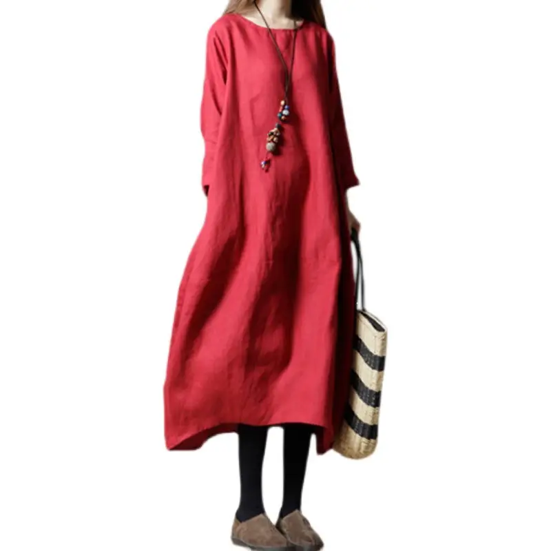 2026 Autumn Long Sleeve Cotton Linen Dress for Plus Size - Image 8