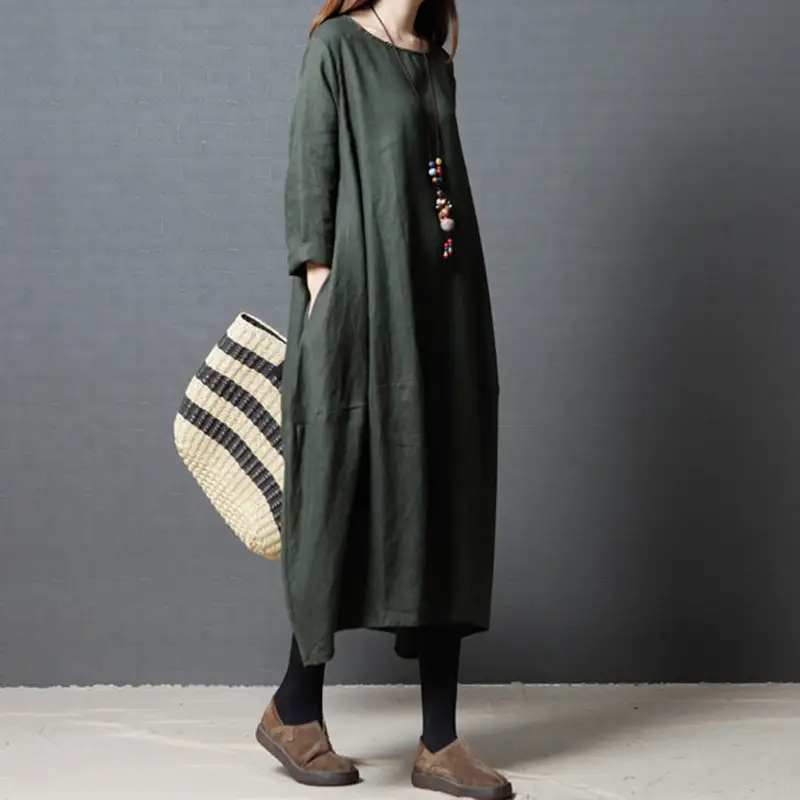 2026 Autumn Long Sleeve Cotton Linen Dress for Plus Size - Image 2