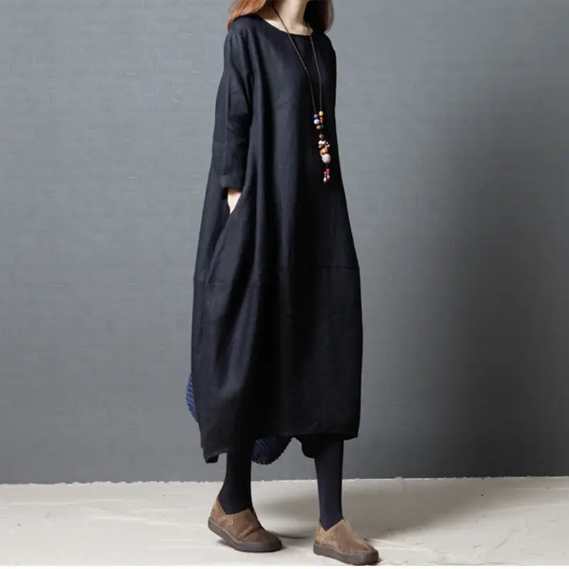 2026 Autumn Long Sleeve Cotton Linen Dress for Plus Size - Image 3