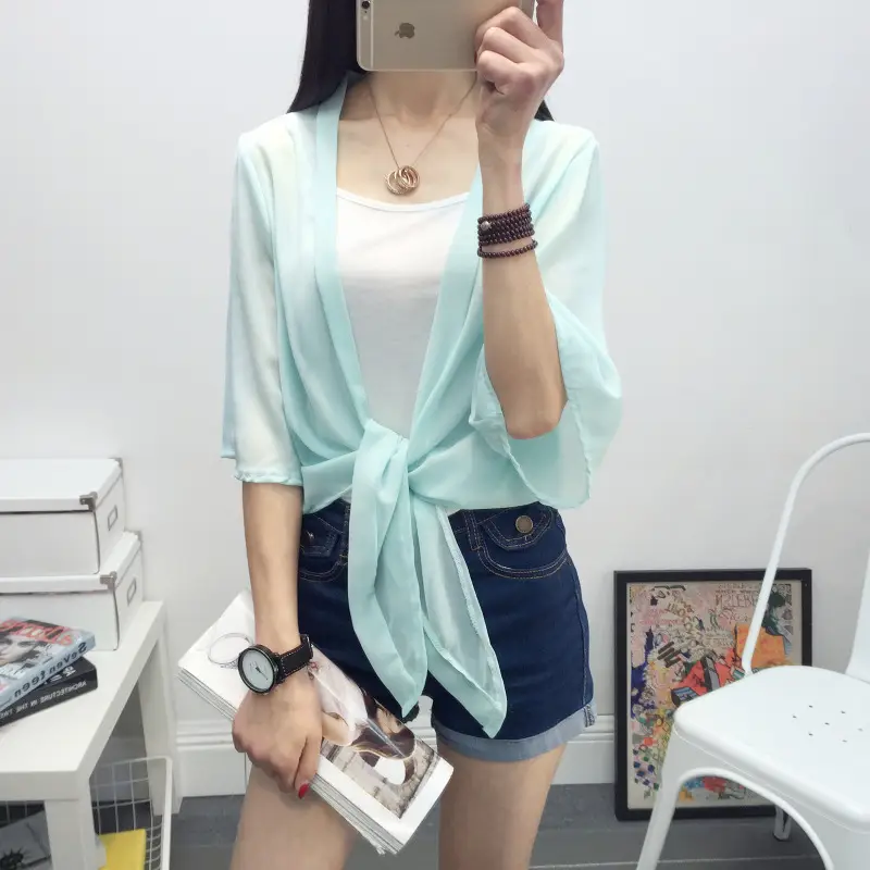 Women's 2024 Chiffon Shawl Jacket White Ultra-Thin Summer Wear - Image 4