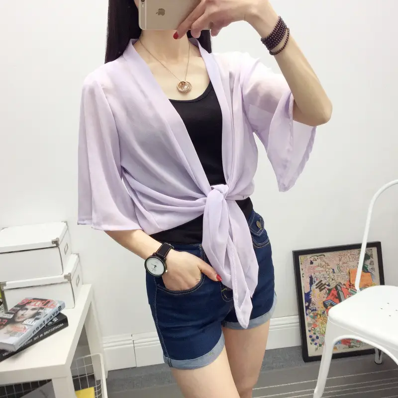 Women's 2024 Chiffon Shawl Jacket White Ultra-Thin Summer Wear - Image 5