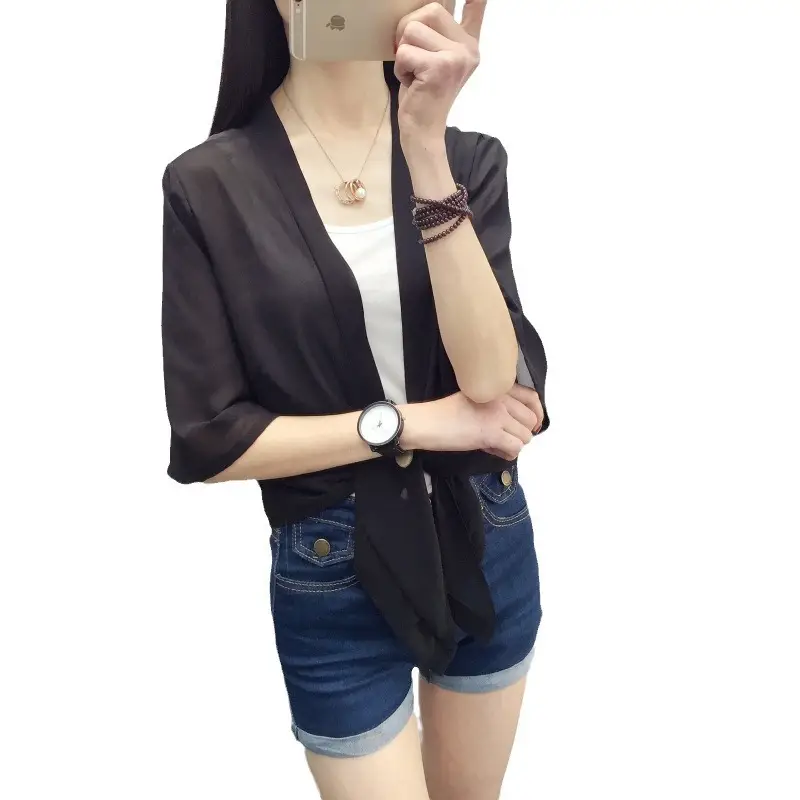 Women's 2024 Chiffon Shawl Jacket White Ultra-Thin Summer Wear - Image 7