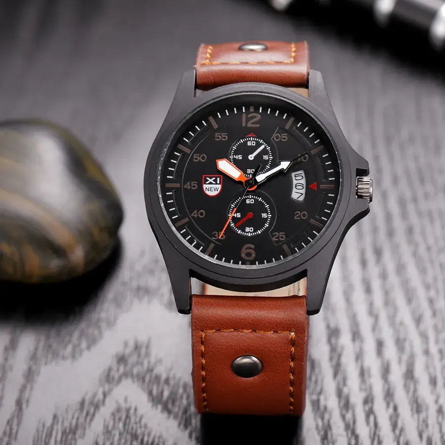 Men's Black Date Quartz Leather Band Wrist Watch