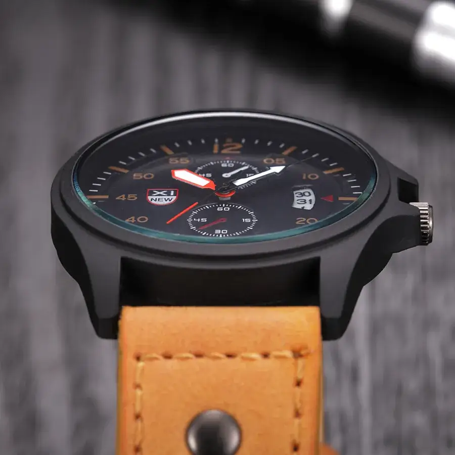 Men's Black Date Quartz Leather Band Wrist Watch