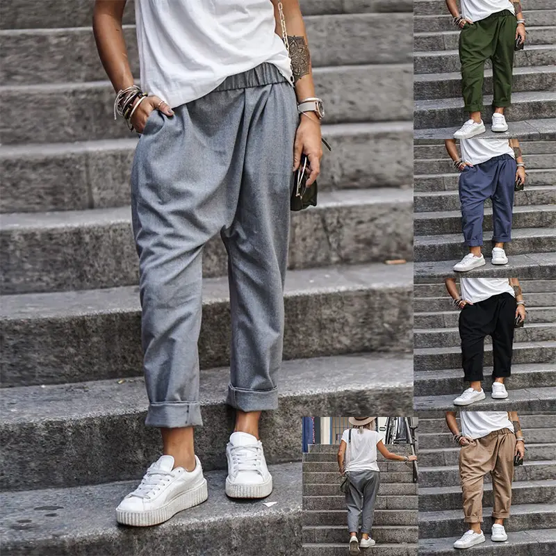 Men Pure Color Elastic High Waist Harem Pants Casual Brown - Image 4
