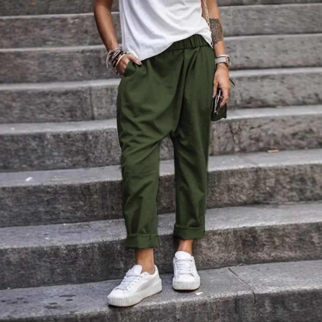Men Pure Color Elastic High Waist Harem Pants Casual Brown - Image 5
