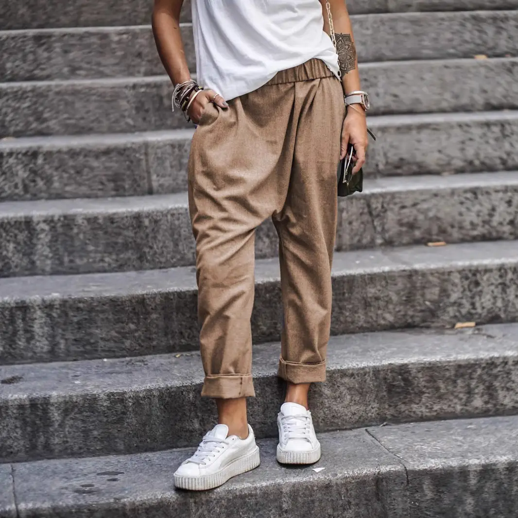 Men Pure Color Elastic High Waist Harem Pants Casual Brown - Image 6