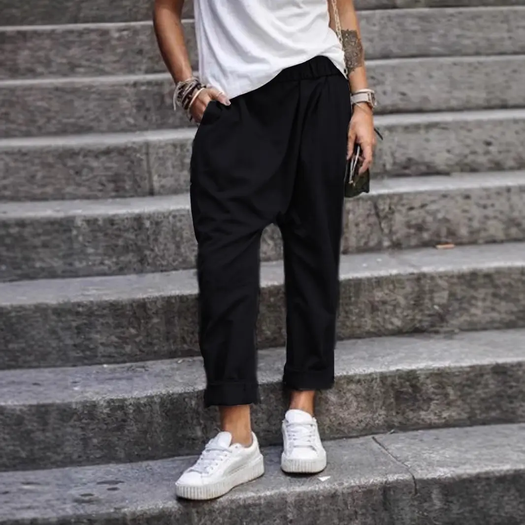 Men Pure Color Elastic High Waist Harem Pants Casual Brown - Image 7