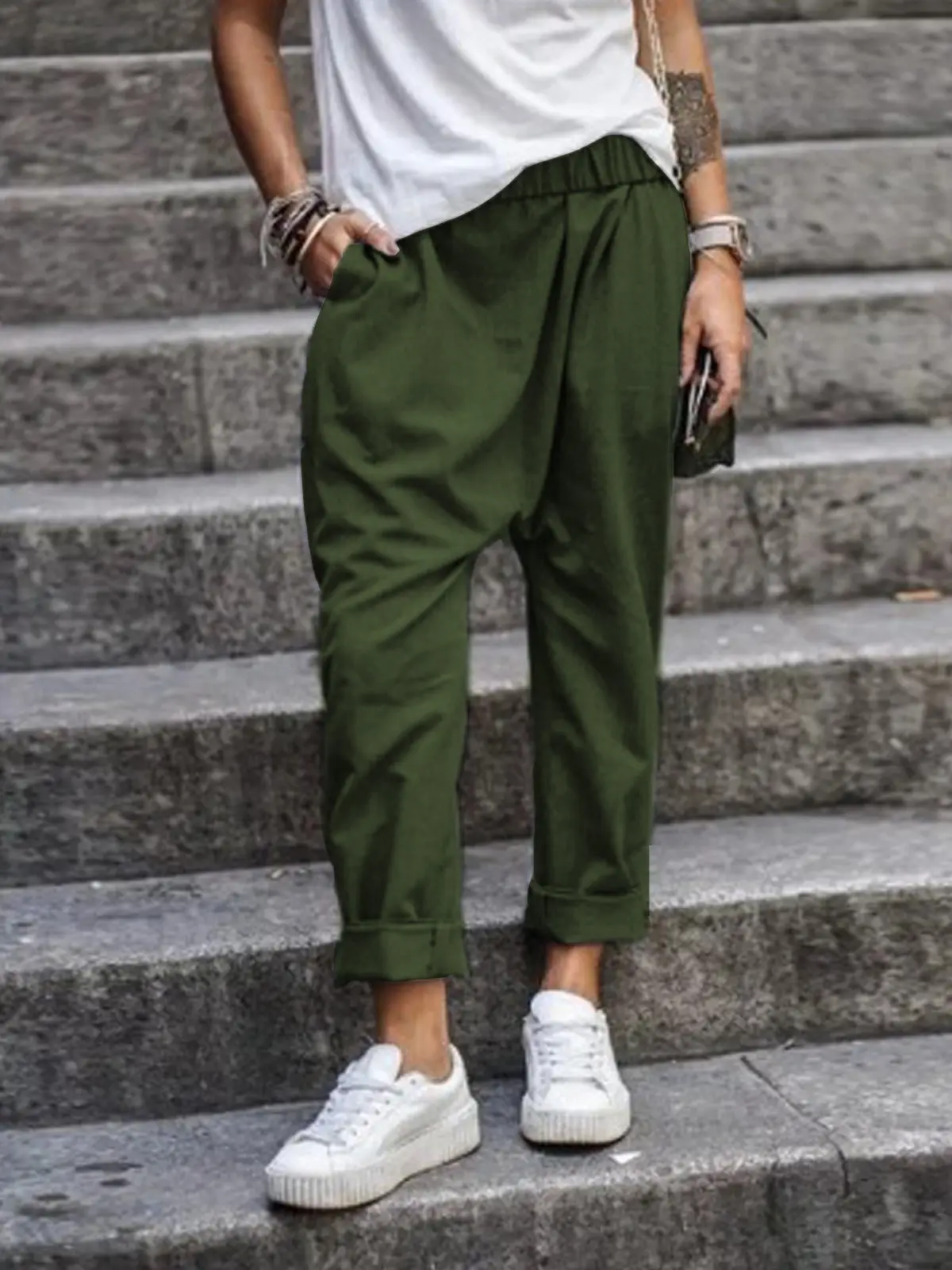 Men Pure Color Elastic High Waist Harem Pants Casual Brown - Image 2