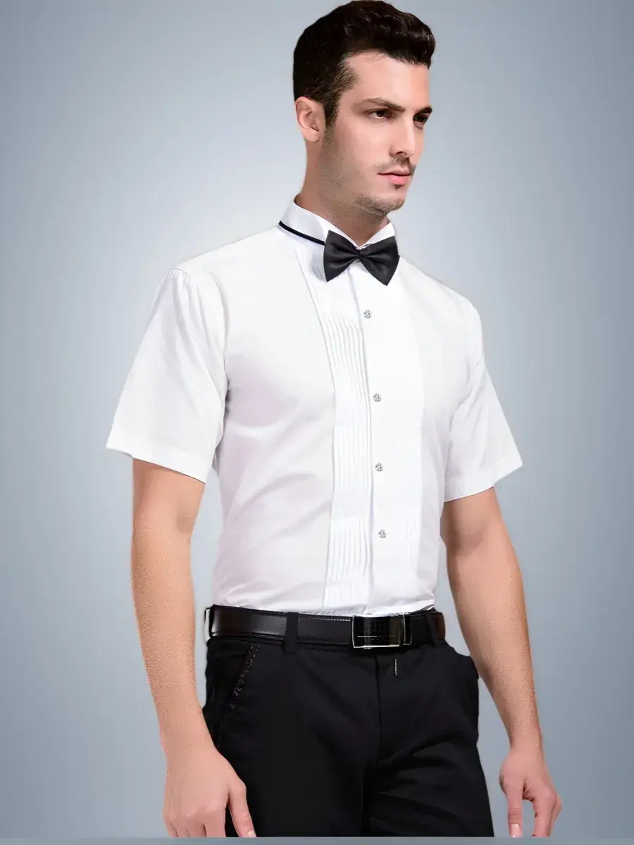 Men's White Short Sleeve Shirt with Red Bow Tie - Image 6