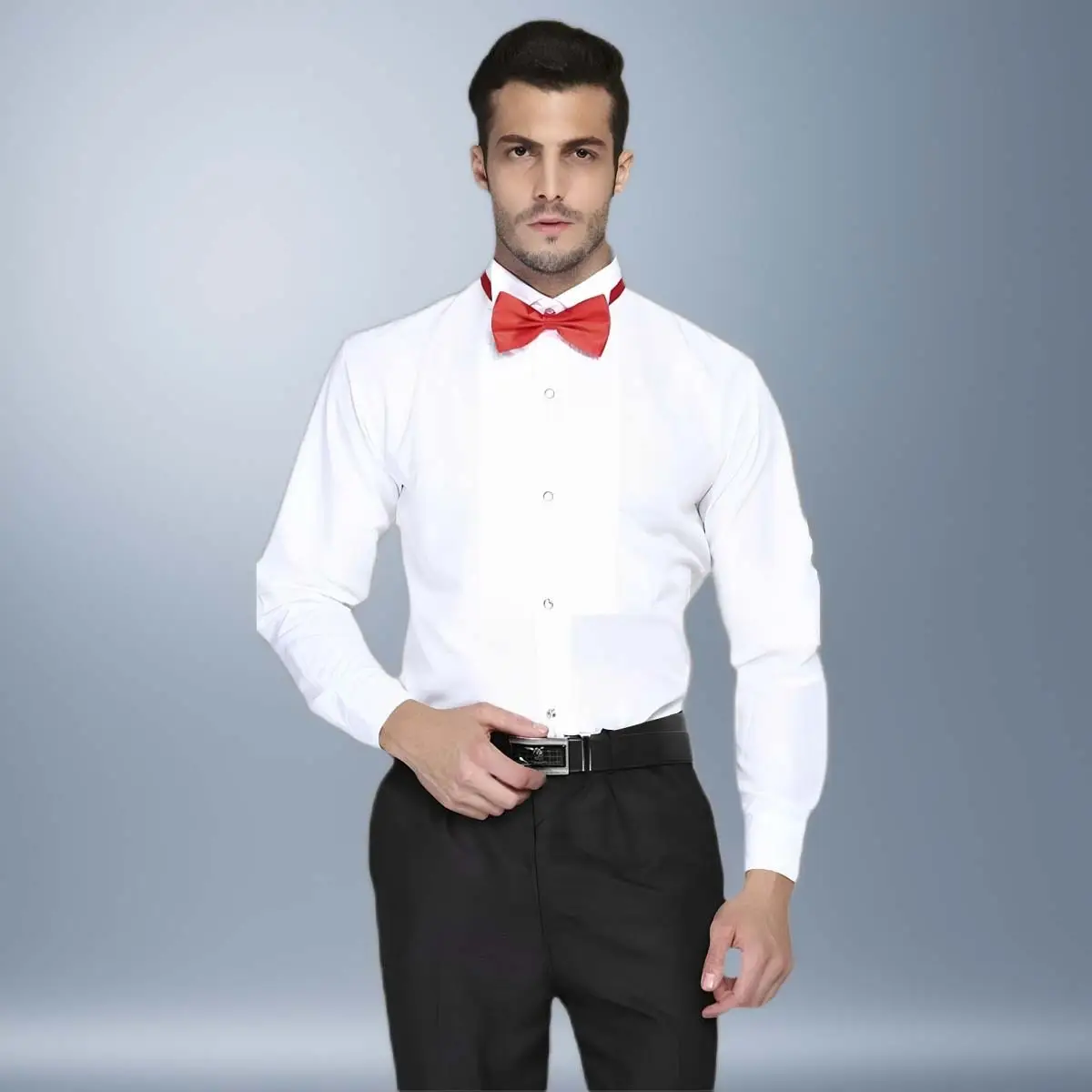 Men's White Short Sleeve Shirt with Red Bow Tie — feature 10