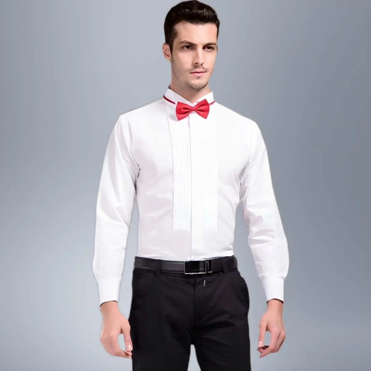 Men's White Short Sleeve Shirt with Red Bow Tie — feature 11