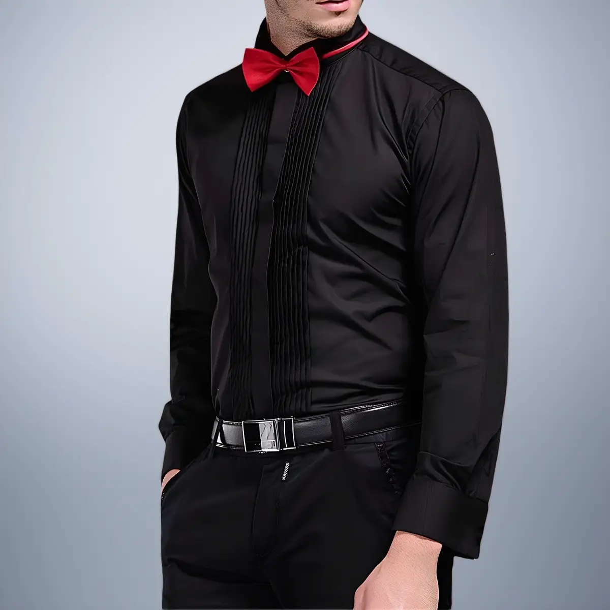 Men's White Short Sleeve Shirt with Red Bow Tie — feature 21