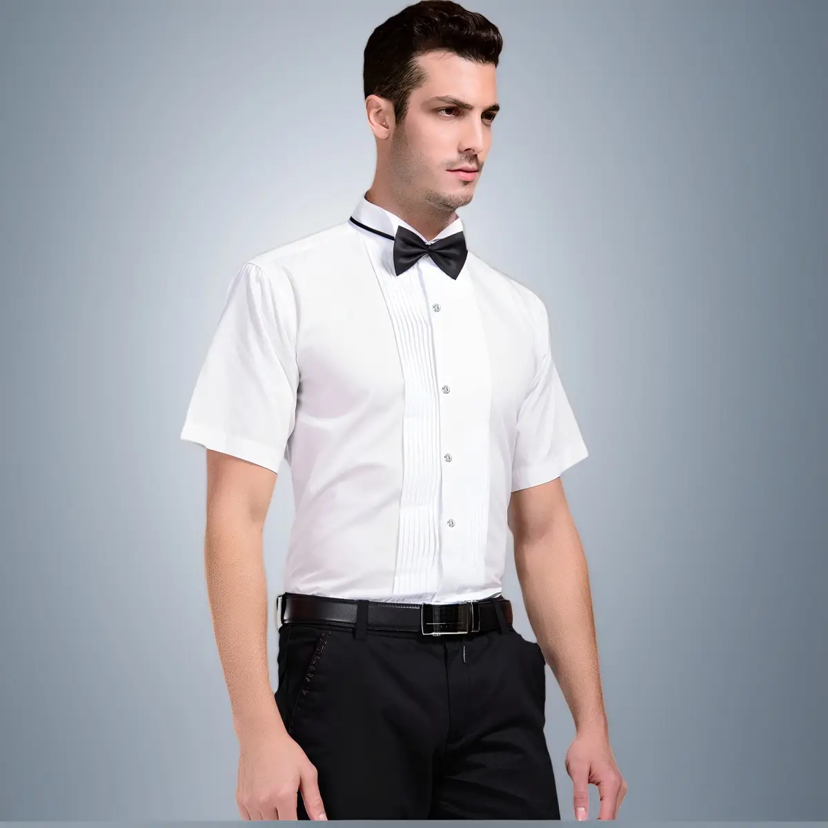 Men's White Short Sleeve Shirt with Red Bow Tie — feature 27