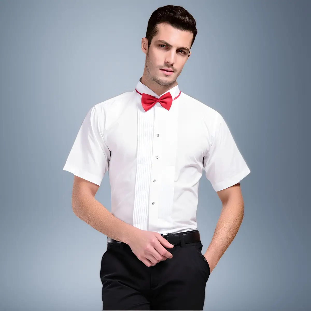 Men's White Short Sleeve Shirt with Red Bow Tie — feature 29