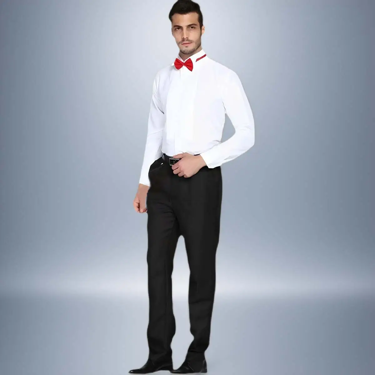 Men's White Short Sleeve Shirt with Red Bow Tie — feature 7