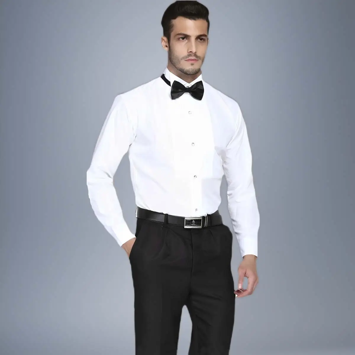 Men's White Short Sleeve Shirt with Red Bow Tie — feature 9