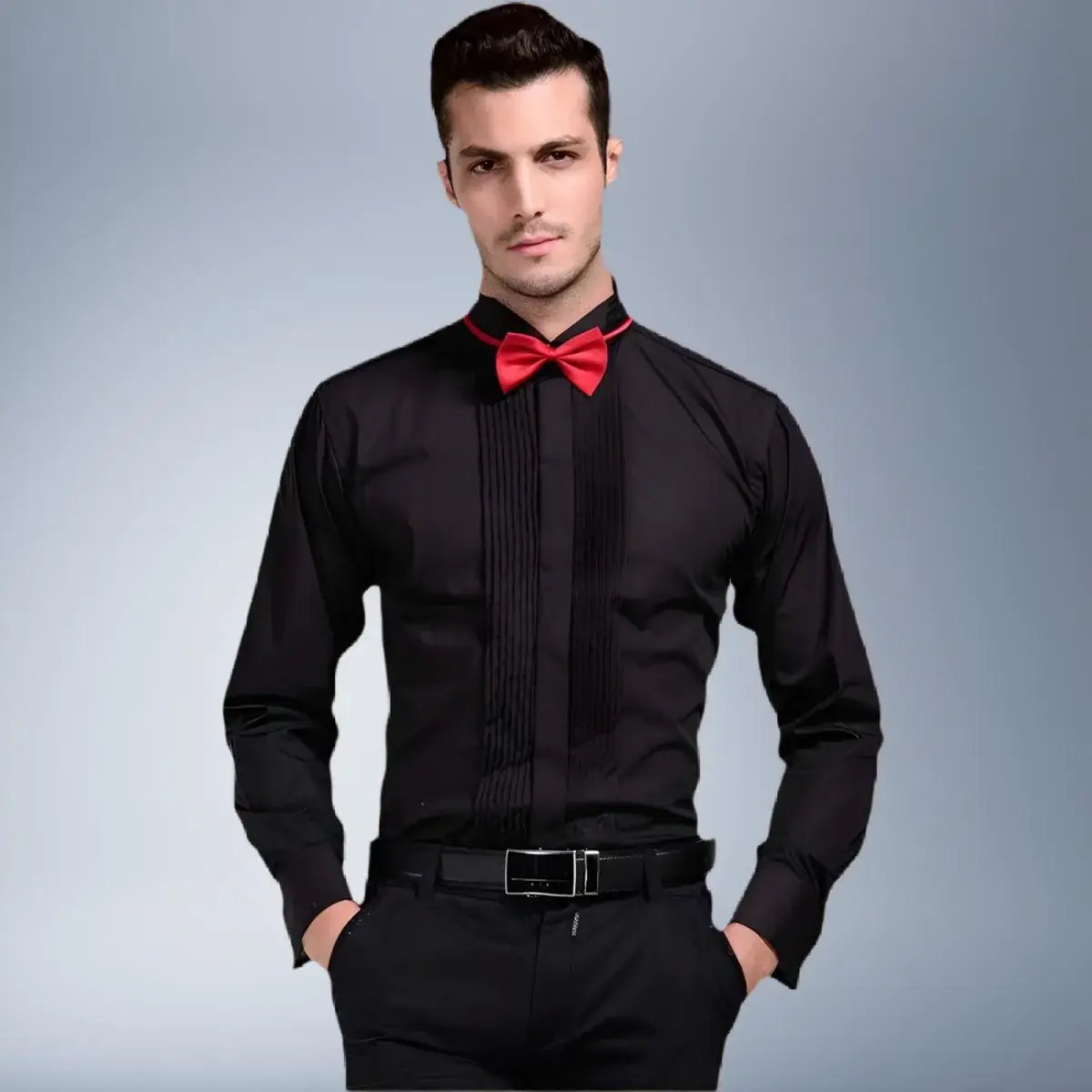Men's White Short Sleeve Shirt with Red Bow Tie - Image 2