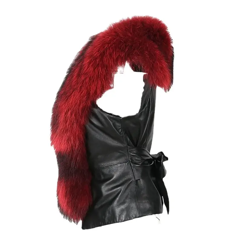 Women Faux Fur Collar Vest Red Black Short Autumn Winter - Image 8