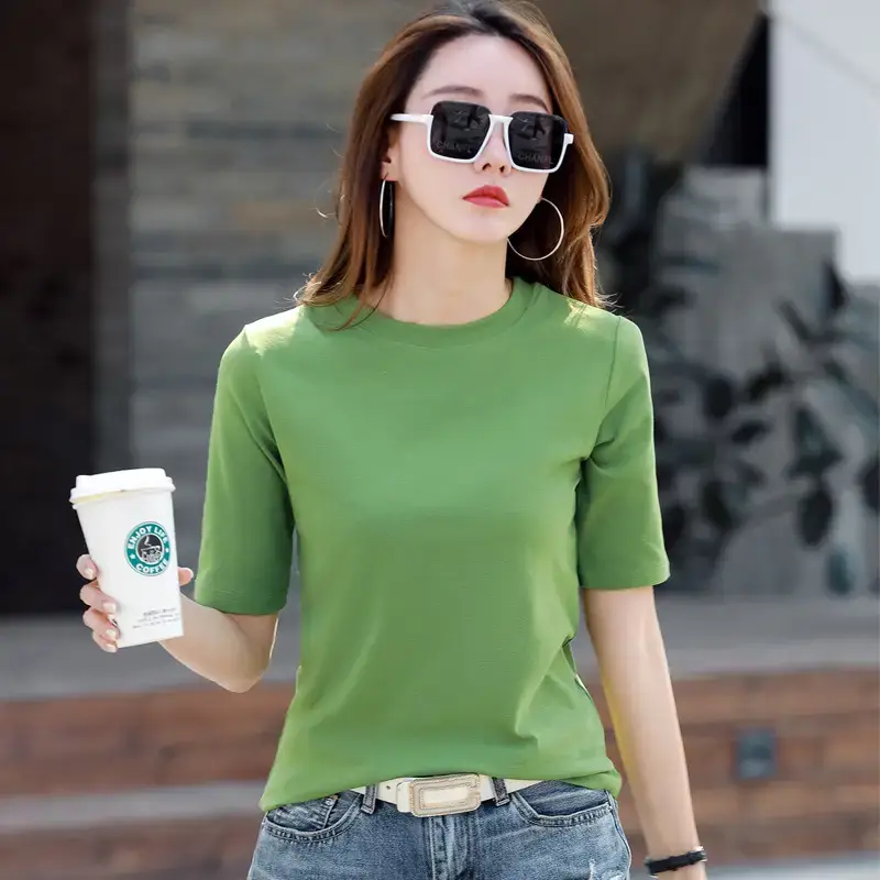 Women Green Round Neck Mid Sleeve T-Shirt 2022 Summer - Image 5