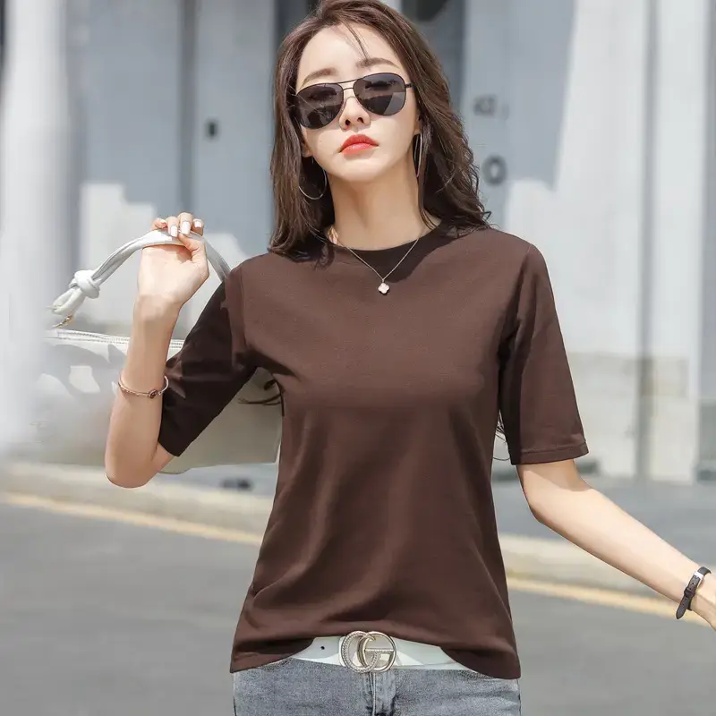 Women Green Round Neck Mid Sleeve T-Shirt 2022 Summer - Image 4
