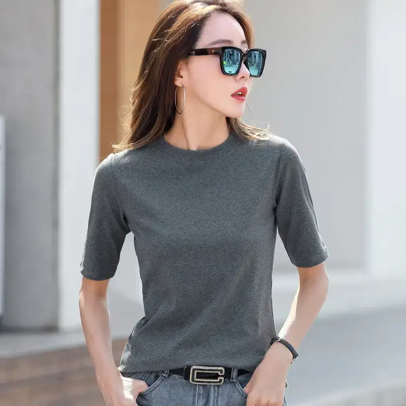 Women Green Round Neck Mid Sleeve T-Shirt 2022 Summer - Image 2