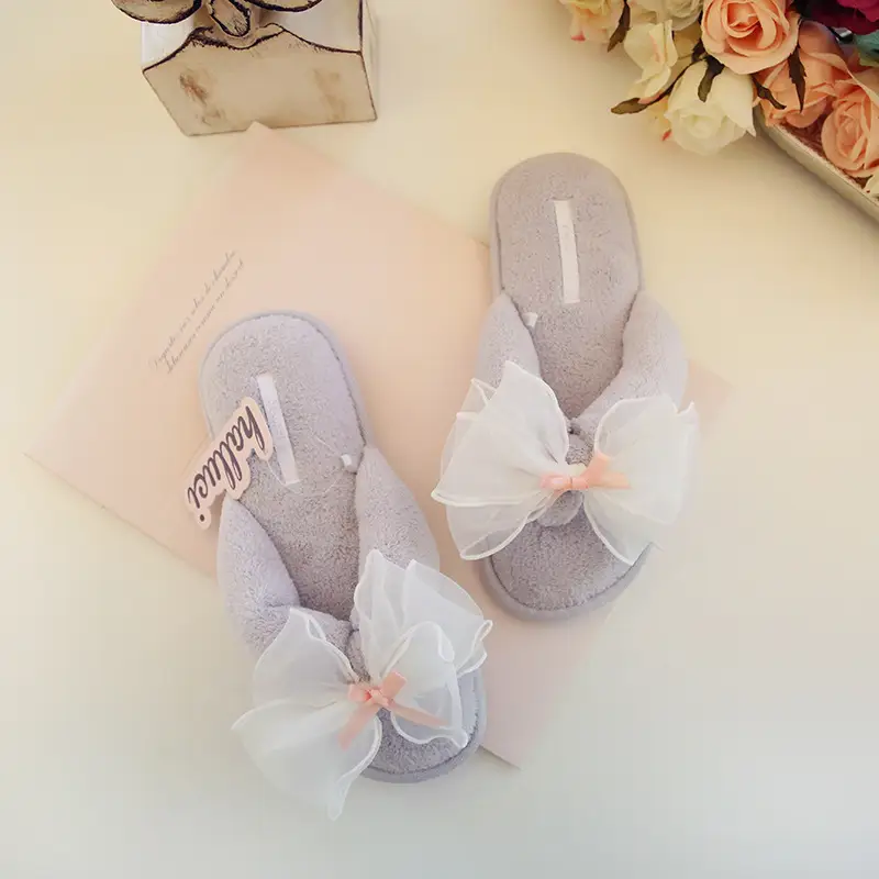 Women Velvet Slip-On Bow Flats Grey - Image 2