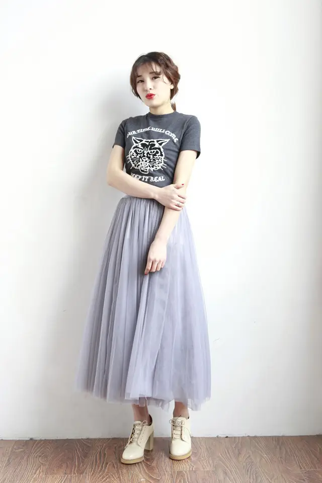 Spring Mesh Puffy Long Skirt Large Swing Midi — feature 24