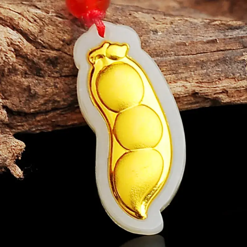 Gold Inlaid Green Bean Pendant Necklace for Women