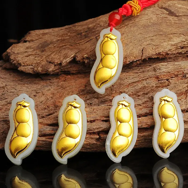 Gold Inlaid Green Bean Pendant Necklace for Women