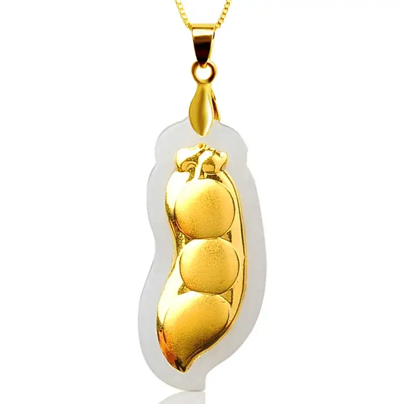 Gold Inlaid Green Bean Pendant Necklace for Women