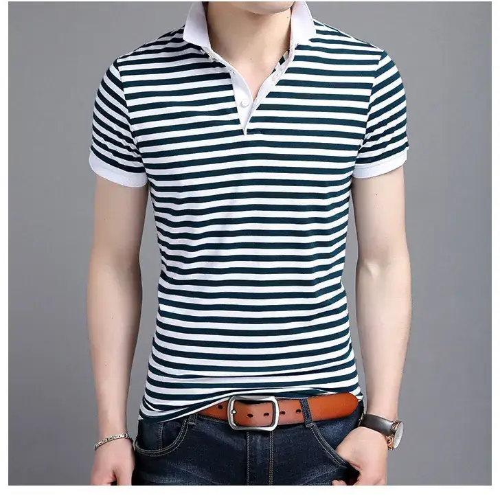 Men Striped Cotton Polo T-Shirt Slim Fit Red White
