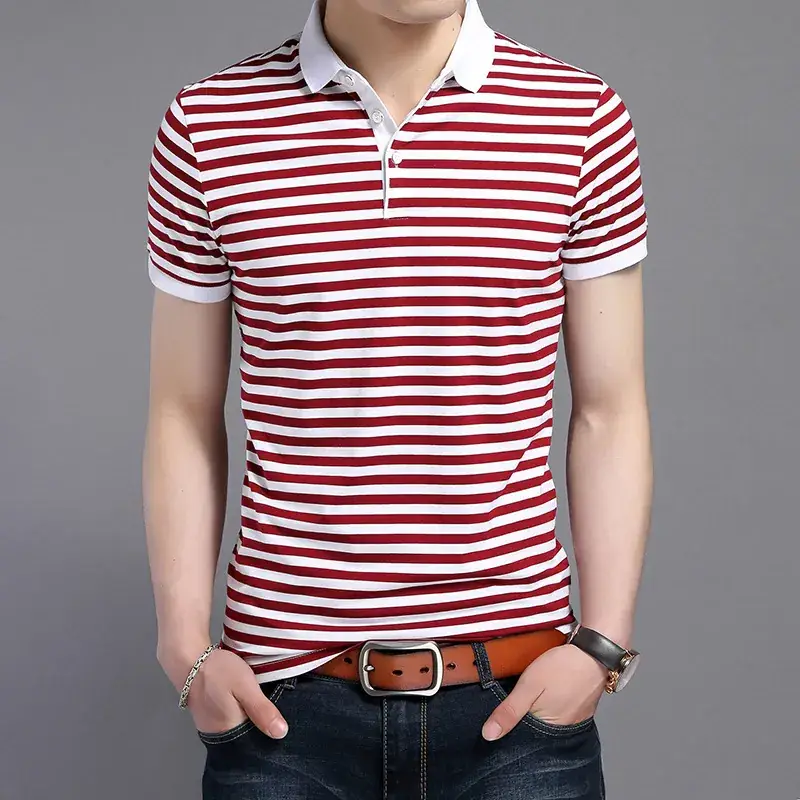 Men Striped Cotton Polo T-Shirt Slim Fit Red White