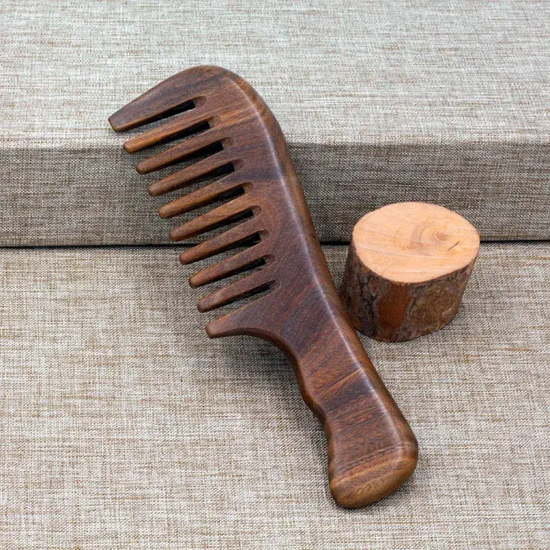 Natural Green Wooden Hair Comb with Handle