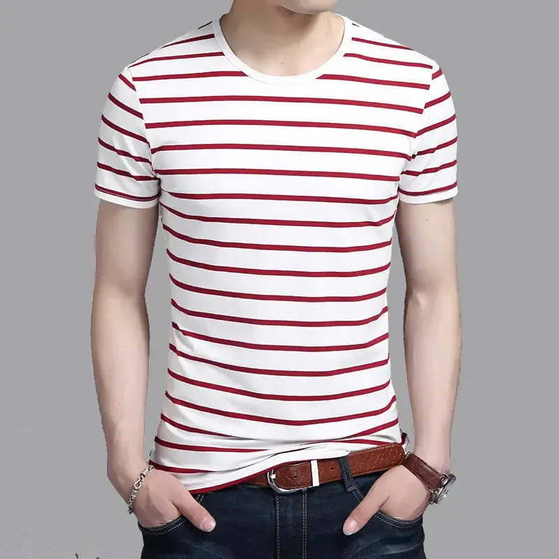 Men Red White Striped Cotton T-Shirt Slim Fit