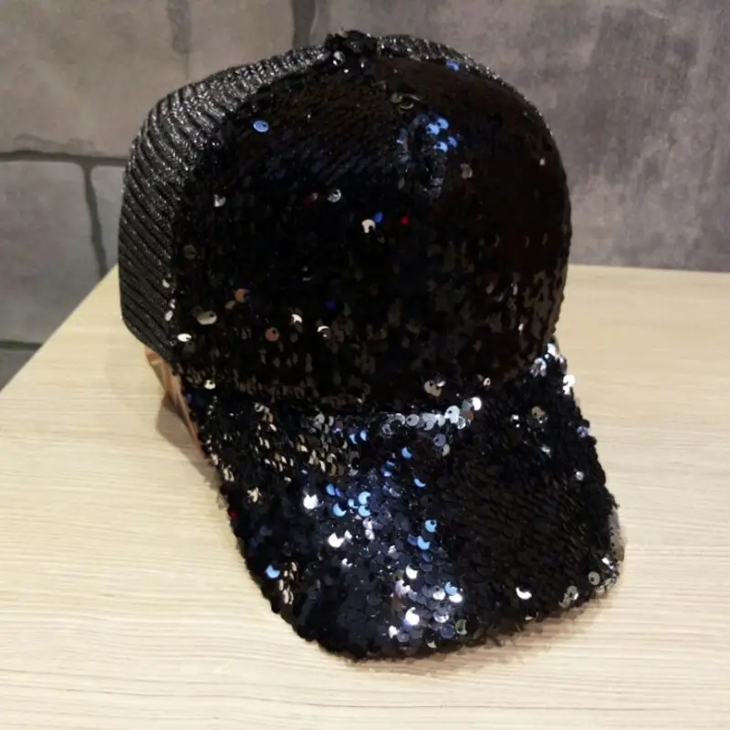2016 Women's Black Sequin Mesh Cap Baseball Hat - Image 2