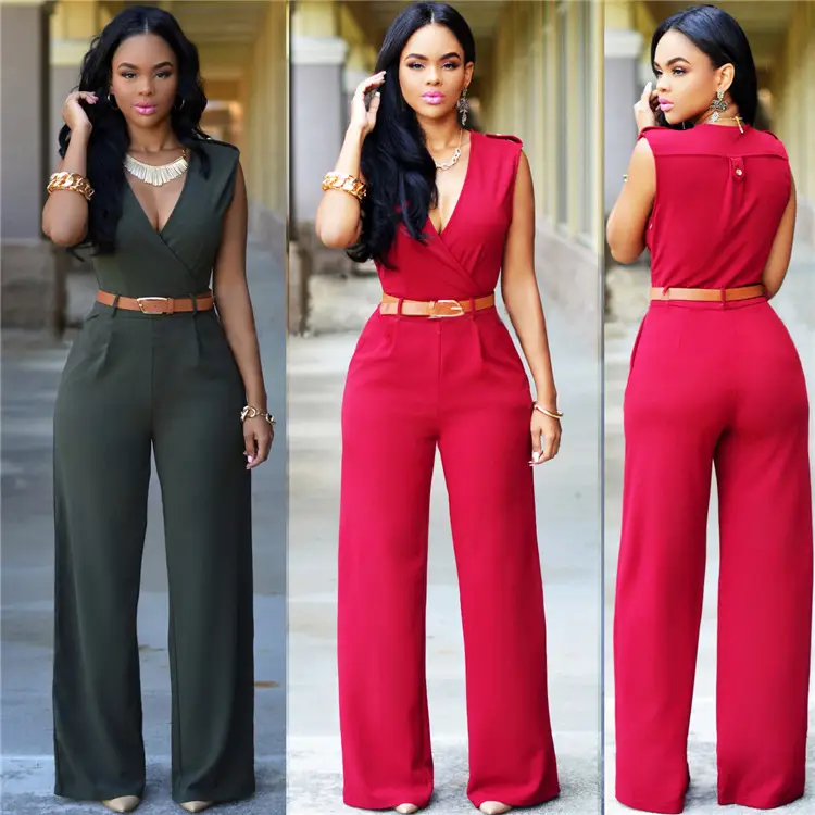 Black Wide Leg V Neck High Waist Pants with Belt