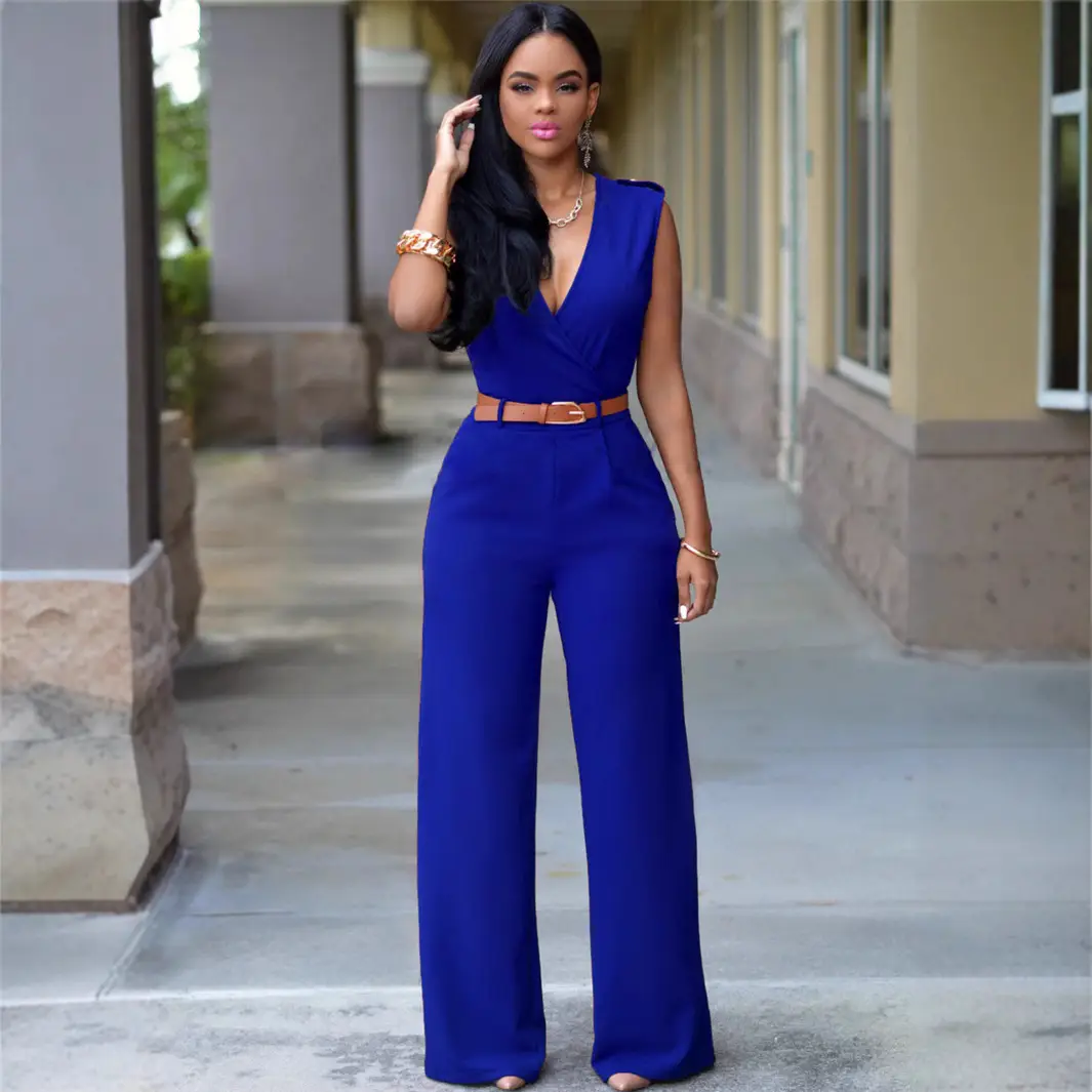 Black Wide Leg V Neck High Waist Pants with Belt