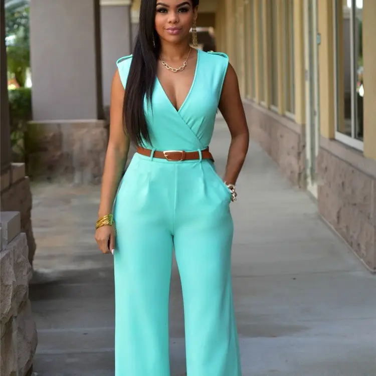 Black Wide Leg V Neck High Waist Pants with Belt