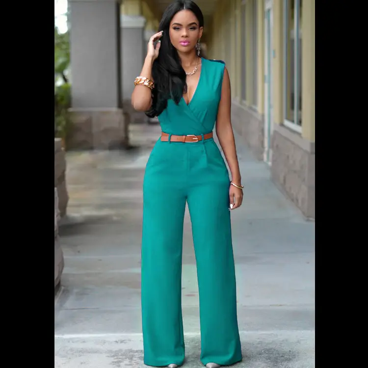 Black Wide Leg V Neck High Waist Pants with Belt