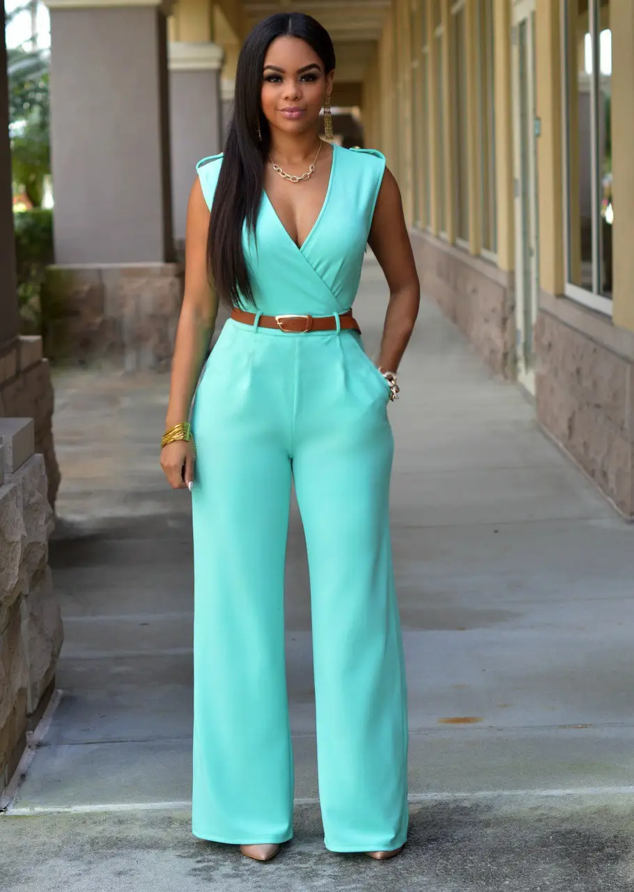 Black Wide Leg V Neck High Waist Pants with Belt