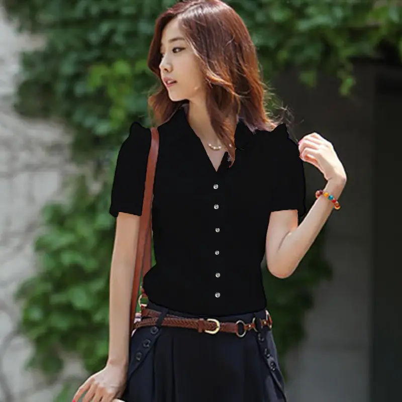 Women White V Neck Professional Shirt Short Sleeve Korean Style - Image 3