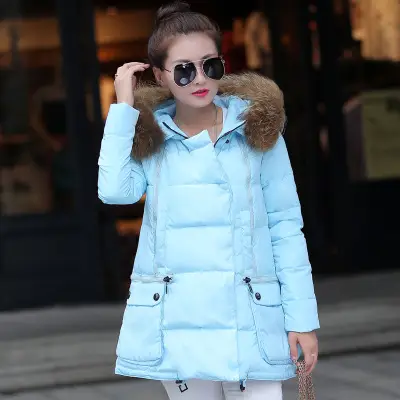 Women Winter Puffer Jacket Light Blue Large with Fur Hood