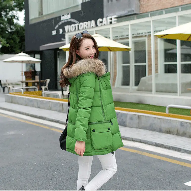 Women Winter Puffer Jacket Light Blue Large with Fur Hood