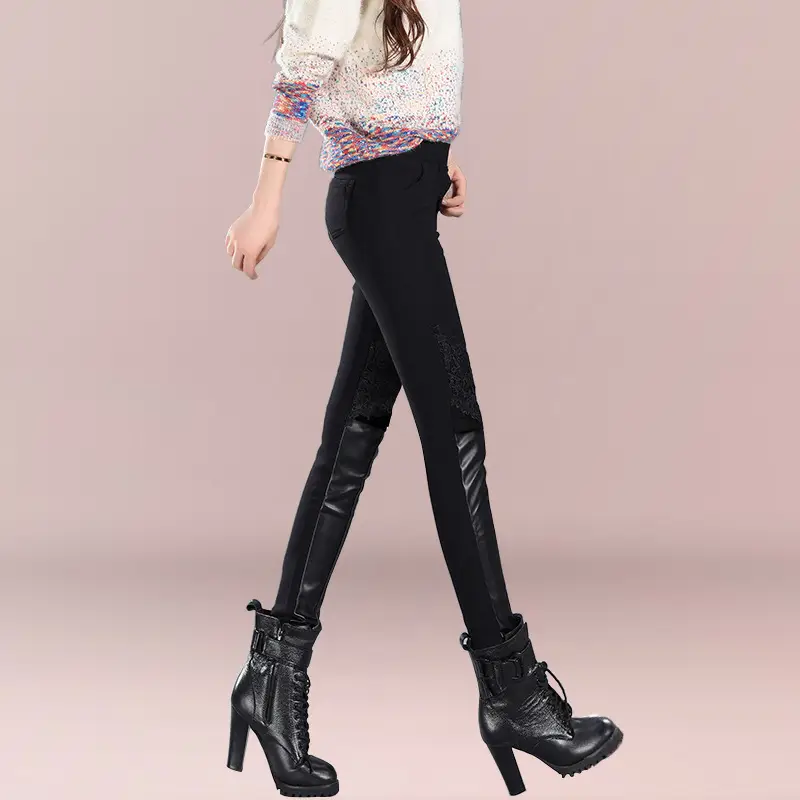 Lace Leather Skinny Leg Pants Women Black - Image 3