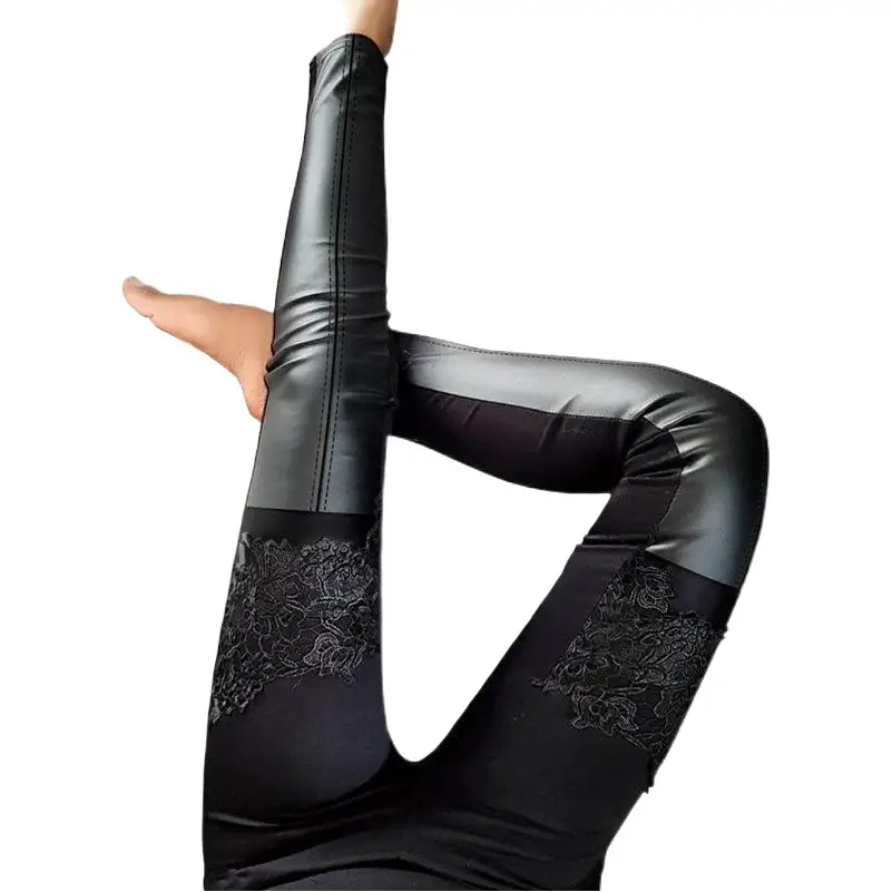 Lace Leather Skinny Leg Pants Women Black