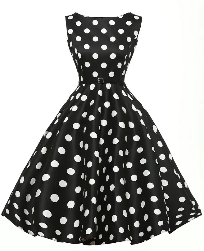 Vintage Hepburn Style Polka Dot Dress Large Belted — feature 3