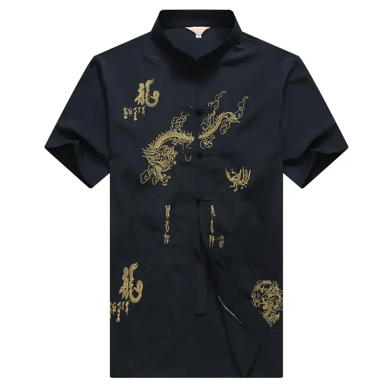Men Black Embroidered Dragon Polo Shirt Short Sleeve - Image 10